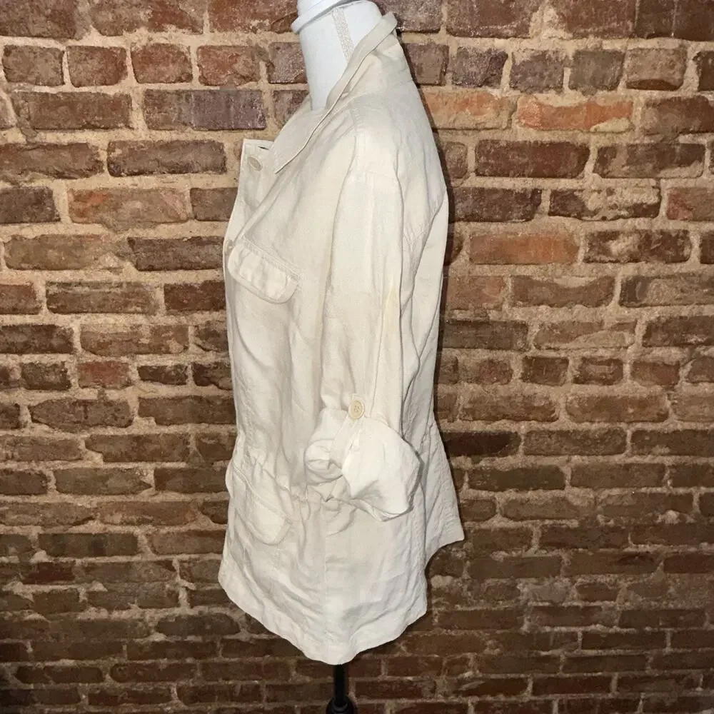 100% Linen Safari Shirt/jacket Utility Coastal Drawstring Waist Roll Tab L EUC - Picture 4 of 13